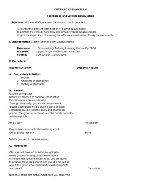 Image result for Sample Lesson Plan Dressmaking