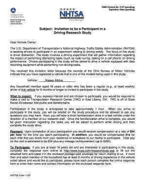 Fillable Online Subject: Invitation to be a Participant in a Driving ...