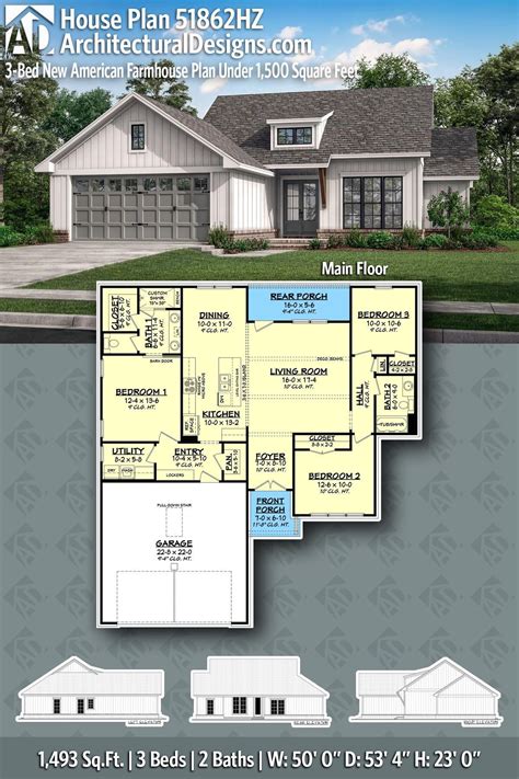 Plan 51862HZ: 3-Bed New American Farmhouse Plan Under 1,500 Square Feet ...