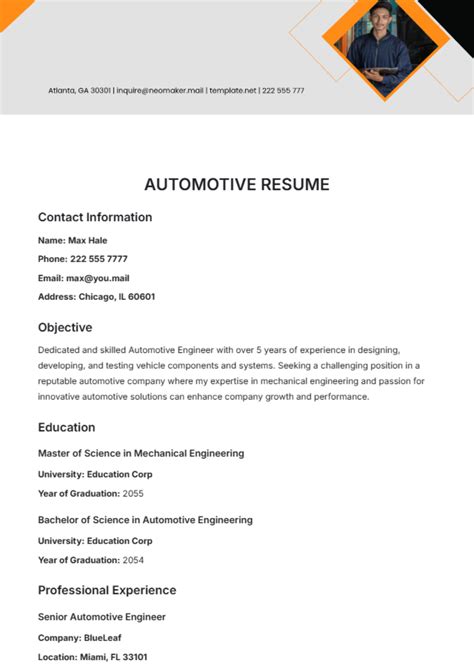 Free Automotive Resume Template to Edit Online