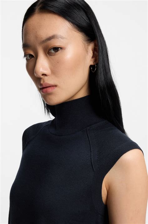 BOSS - Sleeveless top in merino wool with mock neckline - Dark Blue