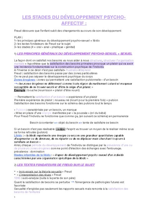 Développement Psycho-Affectif selon Freud : Stades et Principes L1 - Studocu