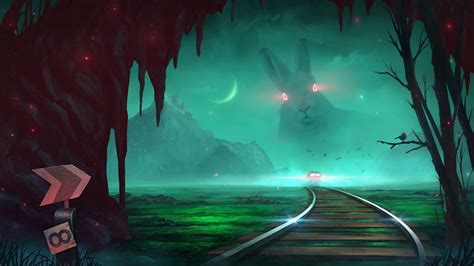 Wallpaper train, rabbit, illusion, night, art hd, picture, image