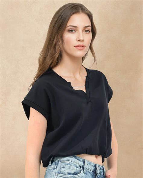 Rareism Women's Sanderson Black Cotton V-Neck Plain Extended Sleeves R