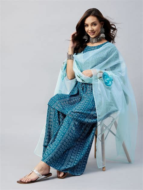 Ocean Blue Bandhej Sharara Set Blue Hand Print Dupatta - InWeave