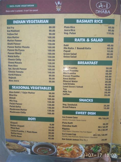 Menu at A1 Dhaba, India, SH18