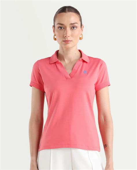 Rareism Women's Bern Pastel Orange Cotton Blend Polo Neck Plain Regula