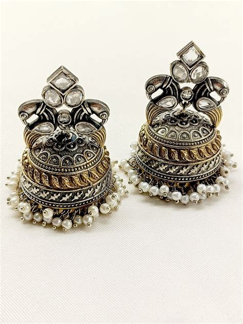 Ahaan White Peacock Oxidized Jhumki – AG'S