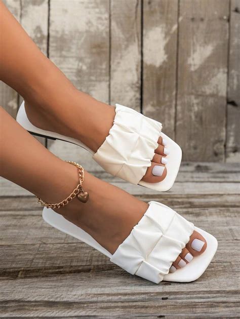 Chinelos Femininos de Tira Única Plana, Franzido, Bico Quadrado, Casual ...