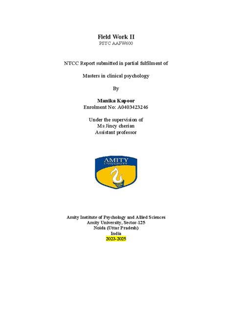 Field Work II Report (PSYC AAFW, IMA8, MA2) - Completion and ...