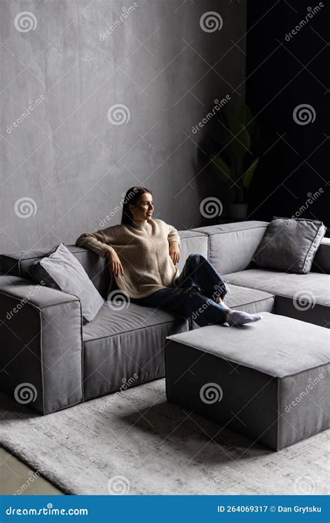 Young Beautiful Brunette Woman with Blissful Facial Expression Alone on ...