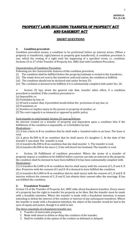 T.P Act, Short Questions-converted-1 - JAFFER S M, (L.L) Property laws ...