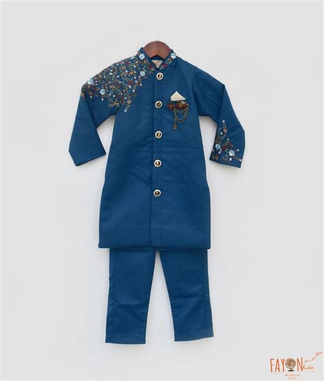 Buy Teal Blue Embroidery Achkan and Pant for Boys Online – FayonKids
