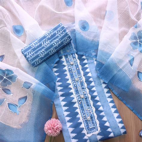 Rubi Sapphire Blue Embellished Neckline Work Dabu Printed Cotton Suit ...