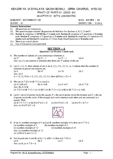 Maths Class XI Chapter 01 Sets Practice Paper 01 Answers - Studocu