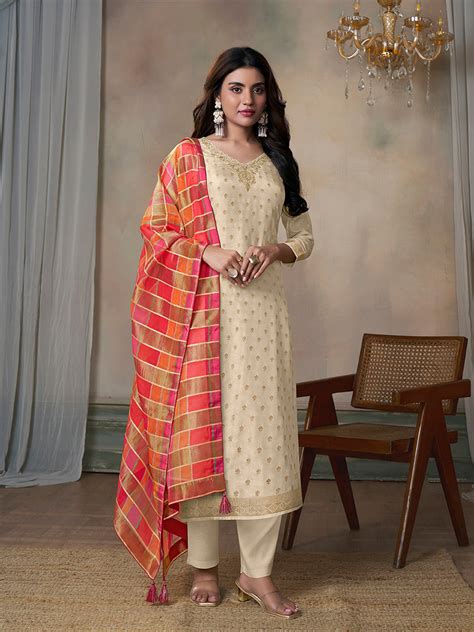 Off-White Dola Jacquard Kurta Suit Set with Digital Print Dupatta ...