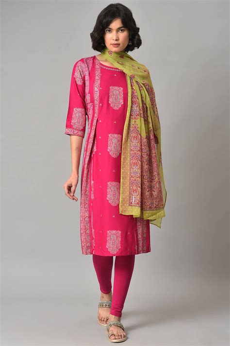 Buy Pink Gold Glitter Printed kurta With Tights And Green Printed ...
