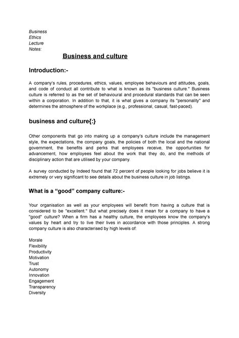 Business and culture - Business Ethics Lecture Notes: Business and ...