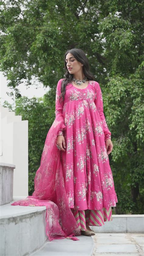 Falak Rani Pink Front Open Floral Anarkali with Palazzo and Dupatta- S ...