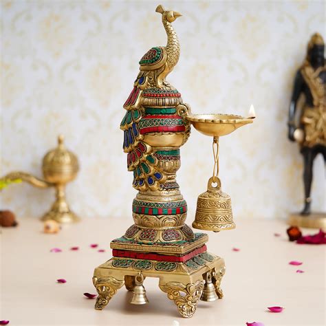 Colorful Peacock Handcrafted Brass Diya Stand with Stone Work and Bell ...