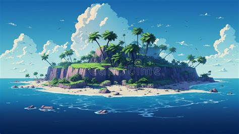 Vibrant 16-bit Tropical Atoll Island Illustration with Lush Landscape ...