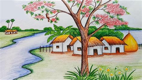 How to draw scenery of spring season step by step - YouTube