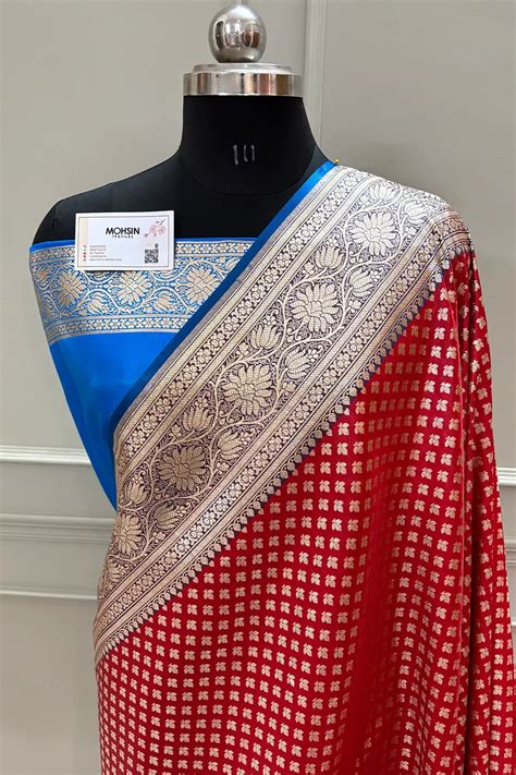 Red and Blue Chidi Buti Katan Silk Banarasi Saree – Mohsin Textiles