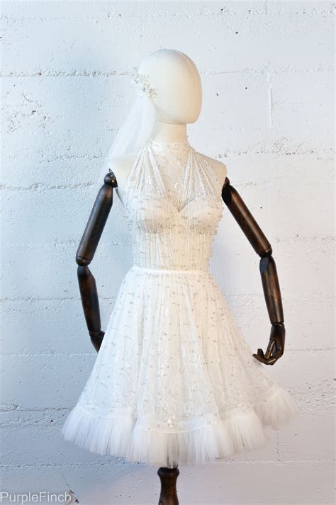 Short Lace and Pearls Bridal Dress With Halter Neckline - Etsy