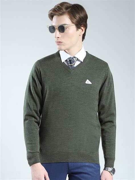 Buy Men Green Solid V Neck Full Sleeve Pullover Online in India - Monte ...