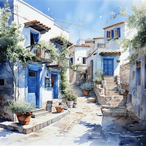 A painting of a blue house with a blue door and a blue door | Premium ...