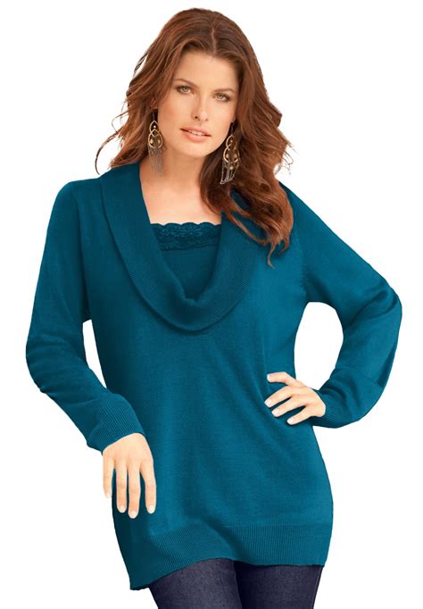 Roaman's Women's Plus Size Lace Trim Cowl Neck Sweater - Walmart.com