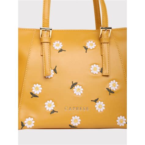 Buy Caprese Kyle Embroidered Floral Ochre Faux Leather Medium Tote ...