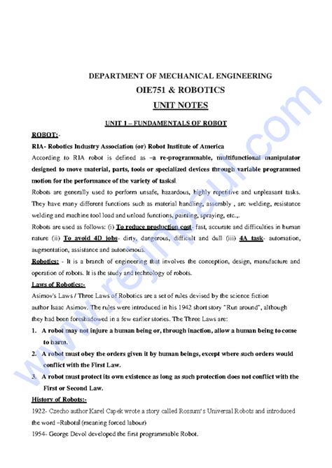 Robotics Unit notes - DEPARTMENT OF MECHANICAL ENGINEERING OIE751 ...