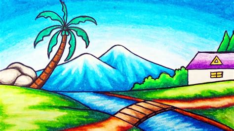 Easy Mountain Village Scenery Drawing | How to Draw Nature Scenery of Mountain, River and House