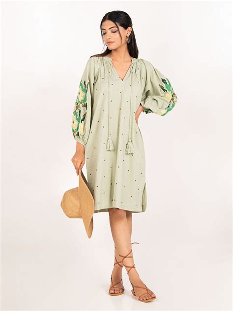 Green Embroidered Cotton Dress