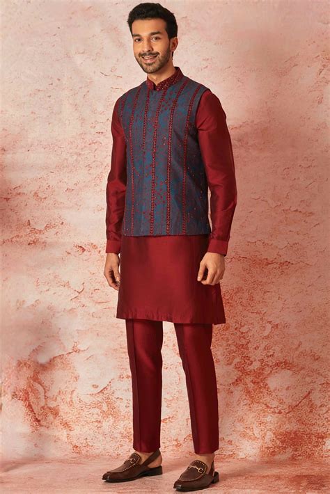 Shop Blue Raw Silk Bundi Set with Maroon Silk Kurta – Affordable Price ...