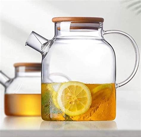 FitsFlair Glass Water Jug with Wooden Lid, Drinking Beverage Pitcher ...