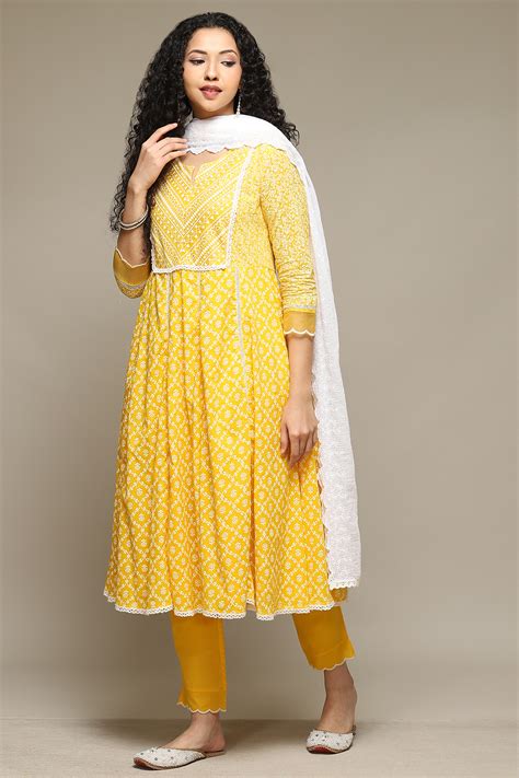 Yellow Cotton Anarkali Kurta Pant Suit Set; Combines Kurta, Slim Pant ...