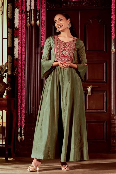 Olive Green Embroidered Sequin Embellished Yoke with Bell Sleeves ...