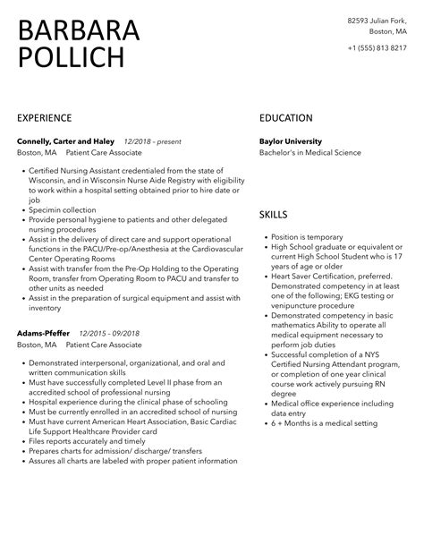 Patient Care Associate Resume Samples | Velvet Jobs