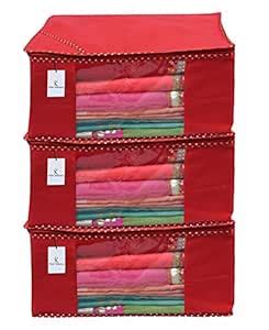 Kuber Industries 3 Piece Non Woven Saree Cover Set, Red,Large Size ...