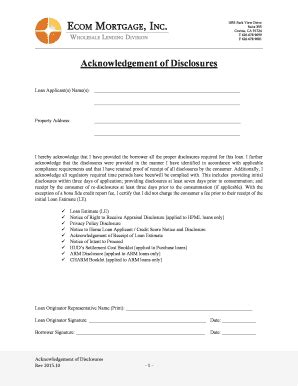 Fillable Online Acknowledgement of Disclosures - ECOM Mortgage Inc Fax ...