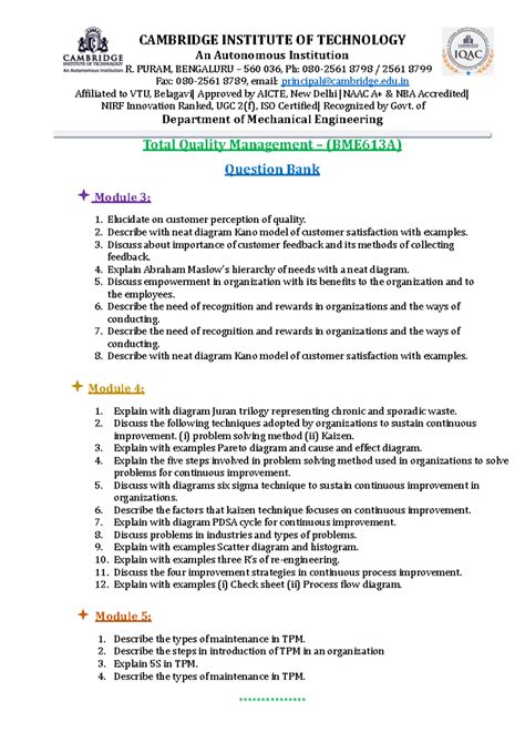 TQM (BME613A) Question Bank - May 2025 - Studocu