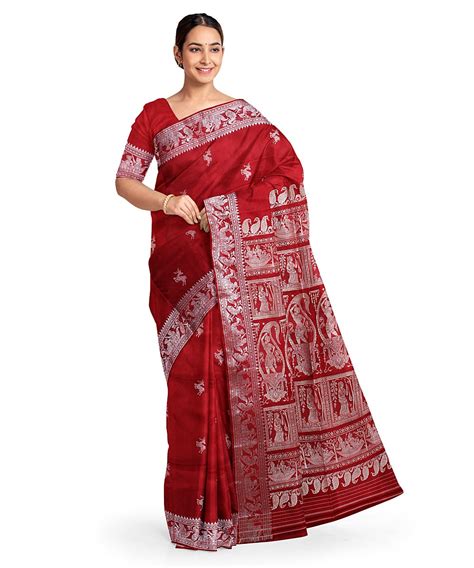 Red white silk handwoven baluchari saree – GoSwadeshi
