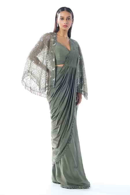 Buy Green Pre-draped Saree Crepe Embroidered Cut Dana Cape Border ...