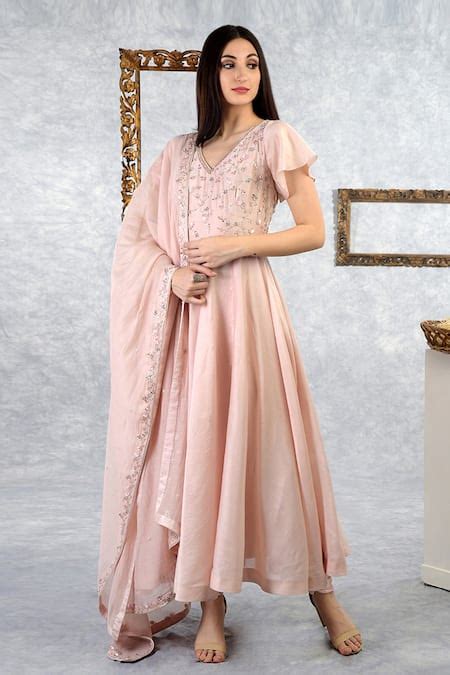 Buy Pink Chanderi Silk Embroidered Floral V Neck Anarkali Set For Women ...