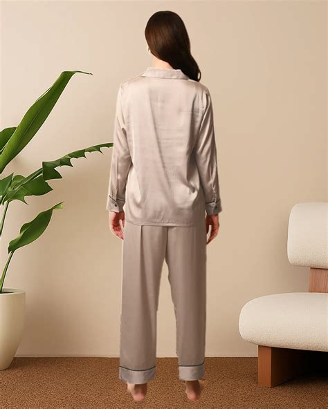 Women's Sand Beige Satin, Full sleeves shirt & pyjama Night Set ...