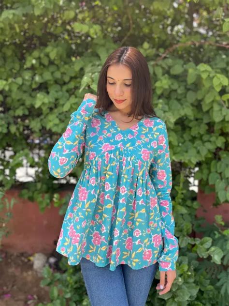 Jaitra Apparels Light Blue Pure Cotton Alia Cut Top Price in India ...