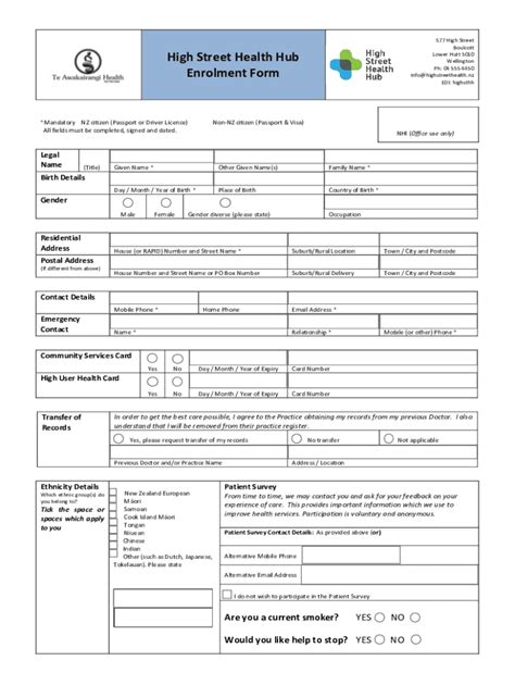 Fillable Online High Street Health Hub Enrolment Form - Enrolment for ...