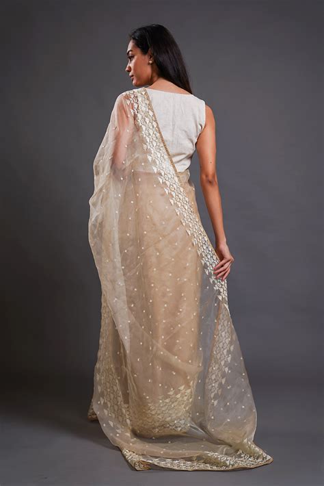 Nude Beige Organza Saree with Aari Work